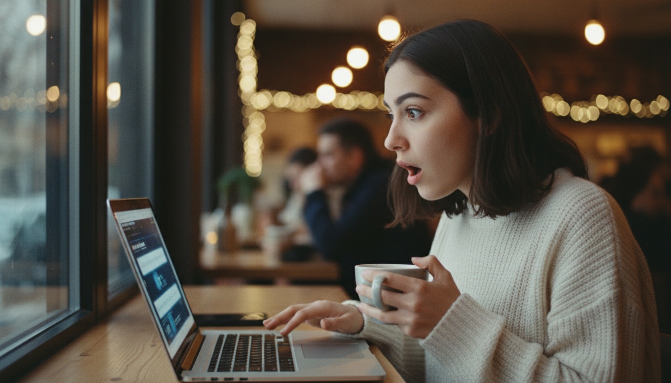 Zoe looking surprised while reading about the OpenAI and Apple conflict on her laptop