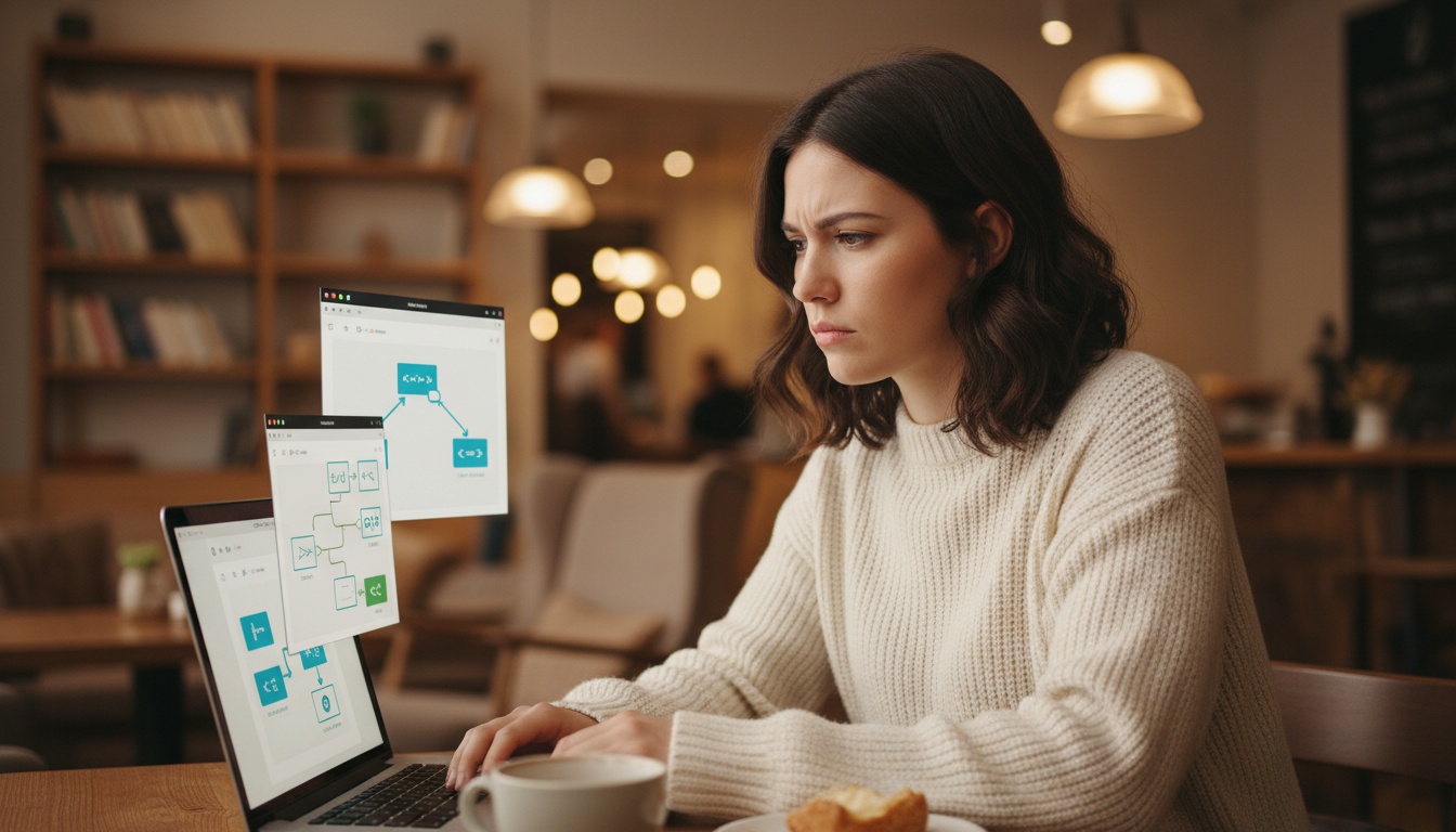 Woman at laptop comparing three automation tool interfaces on screen