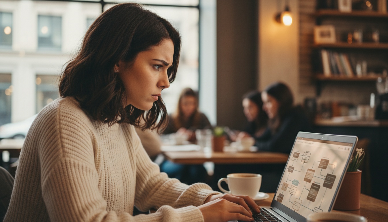 Woman at laptop building an AI automation workflow on screen
