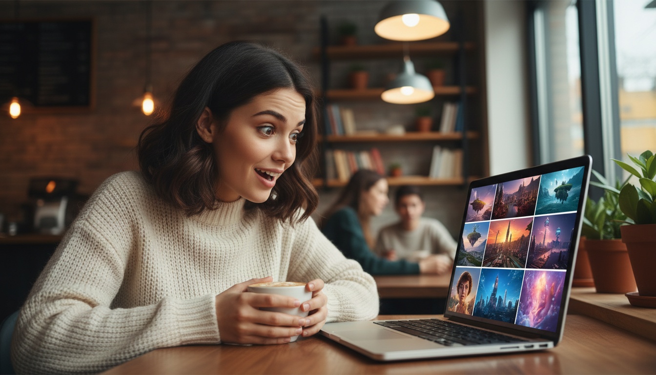 Woman at laptop looking at AI-generated images on screen