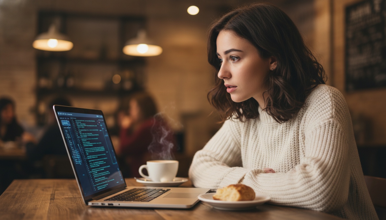 Zoe at laptop with AI agent building an app on screen, warm workspace