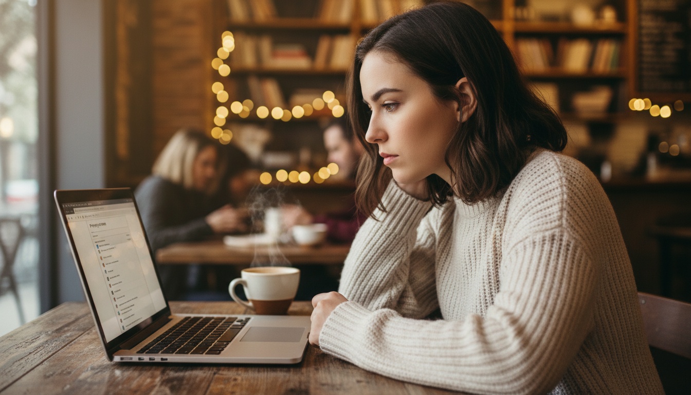 Young woman at laptop reviewing browser privacy settings in a coffee shop, warm natural light