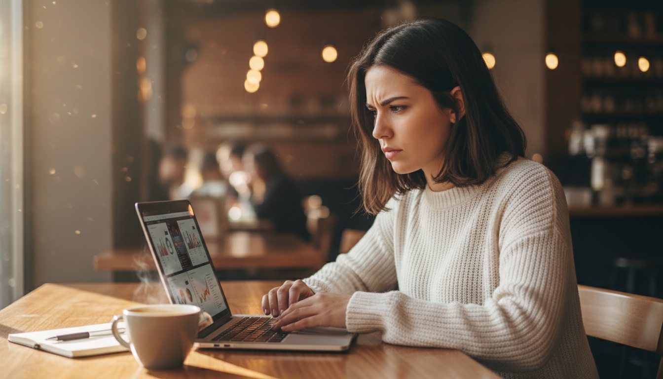 Young woman reviewing multiple AI tool dashboards on laptop, warm coffee-shop editorial photography