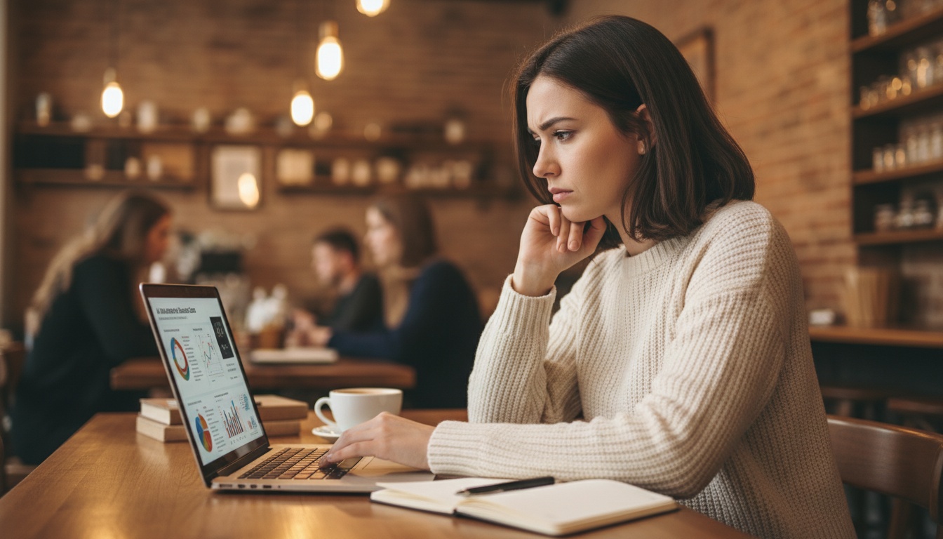 Zoe looking at AI automation income claims on her laptop with skepticism