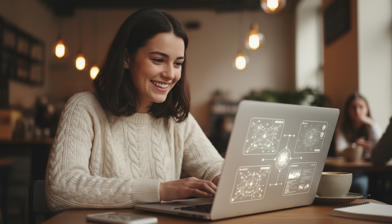 Zoe at laptop with AI tool interfaces on screen, warm coffee shop setting