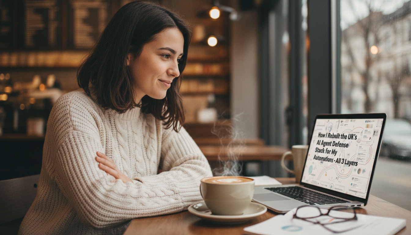 Young woman architecting a security diagram on screen showing AI agents and monitoring layers, focused expression, technical aesthetic