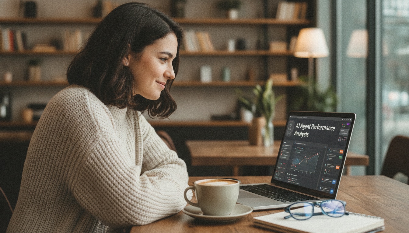 Young woman fixing a crashed AI agent session on her laptop, error log on screen, focused calm expression, warm desk lamp