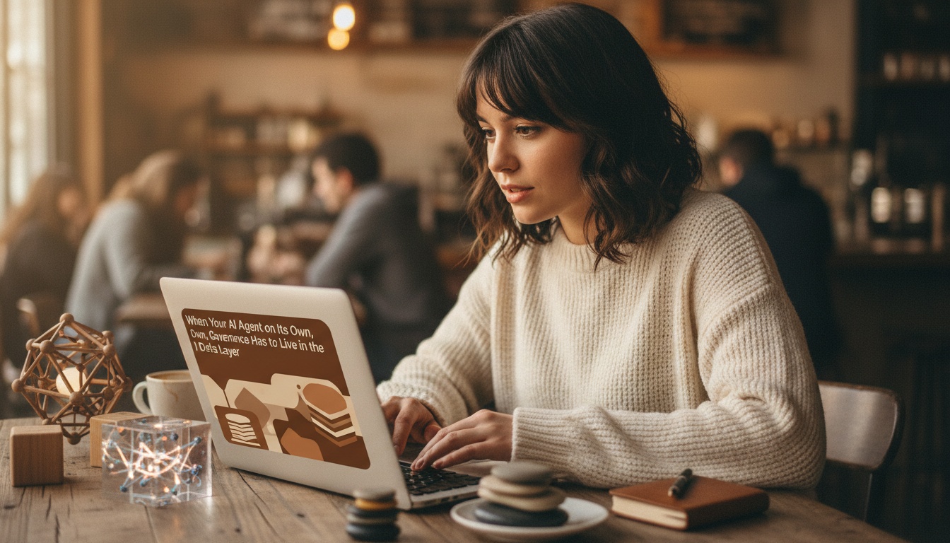 Zoe reviewing an automation setup at her laptop, with a notebook of access-permission notes beside her coffee