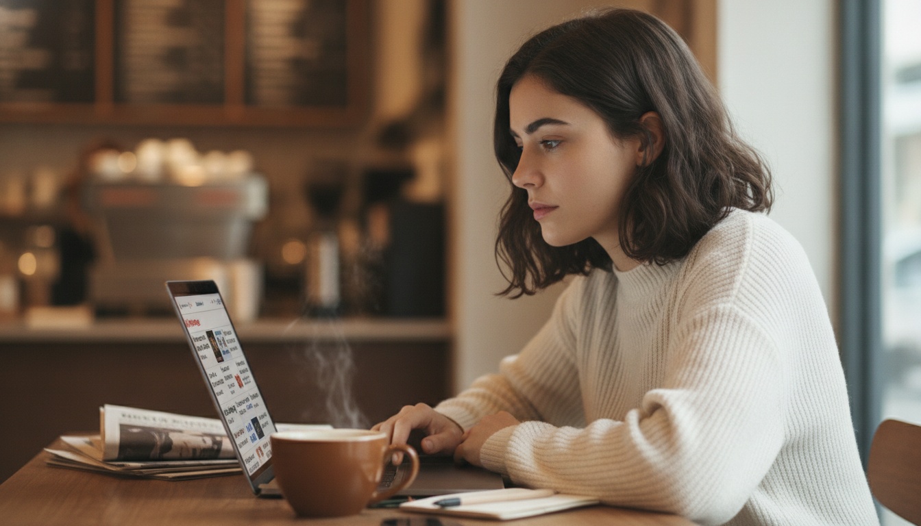 Zoe reading AI news on her laptop with coffee