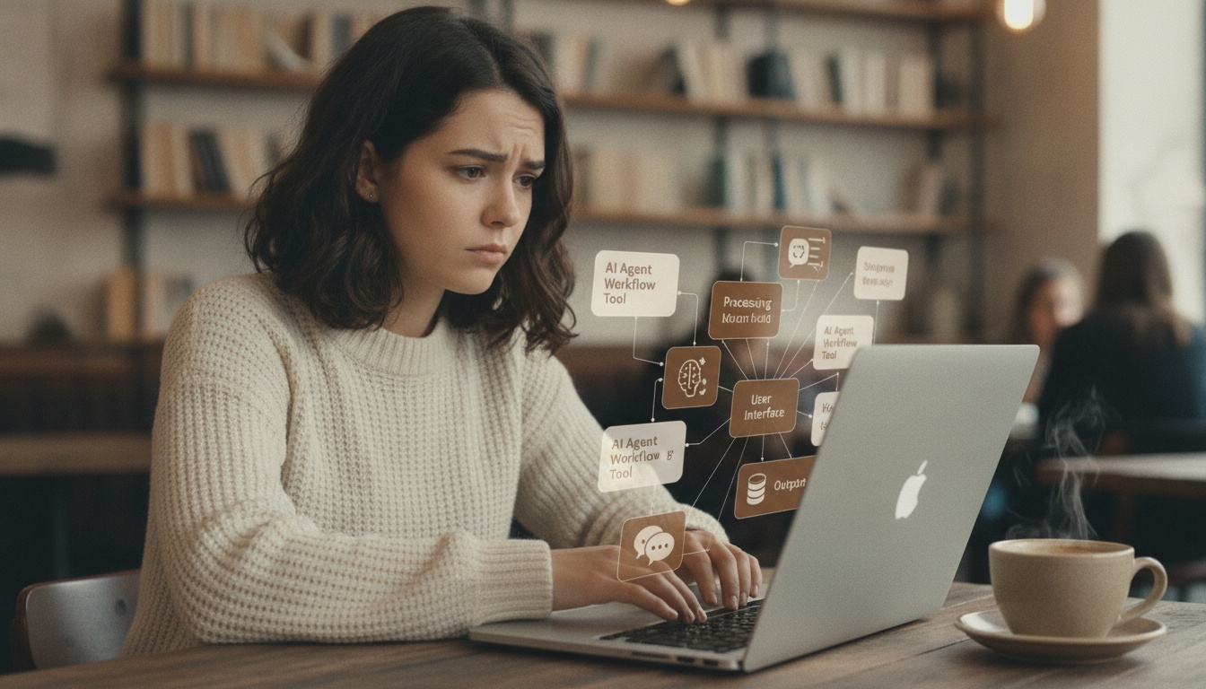 Zoe at a laptop with AI agent workflow visualization on screen