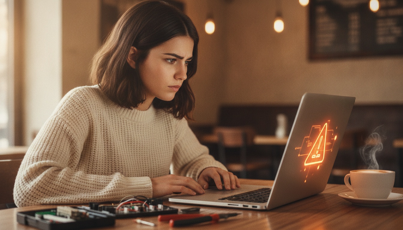 Young woman at a laptop looking skeptical at a suspicious contributor message on screen, identity verification theme, moody lighting