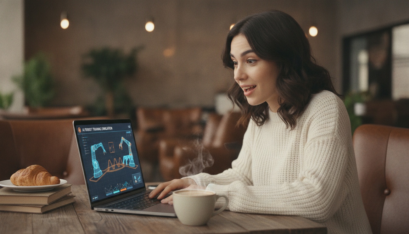 Zoe impressed by AI agent and robot collaboration on her laptop