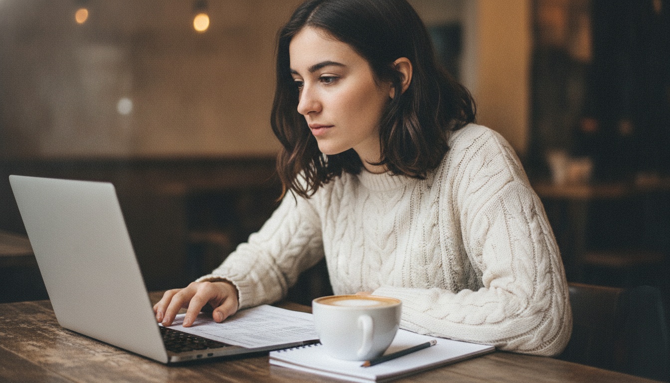Zoe at a cafe table reviewing a spreadsheet of customers on her laptop, coffee beside her