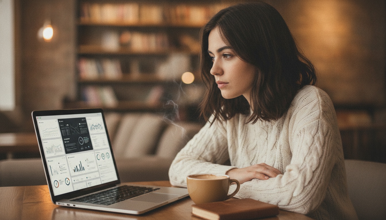 Zoe at her laptop thinking about repurposing AI tools for her business