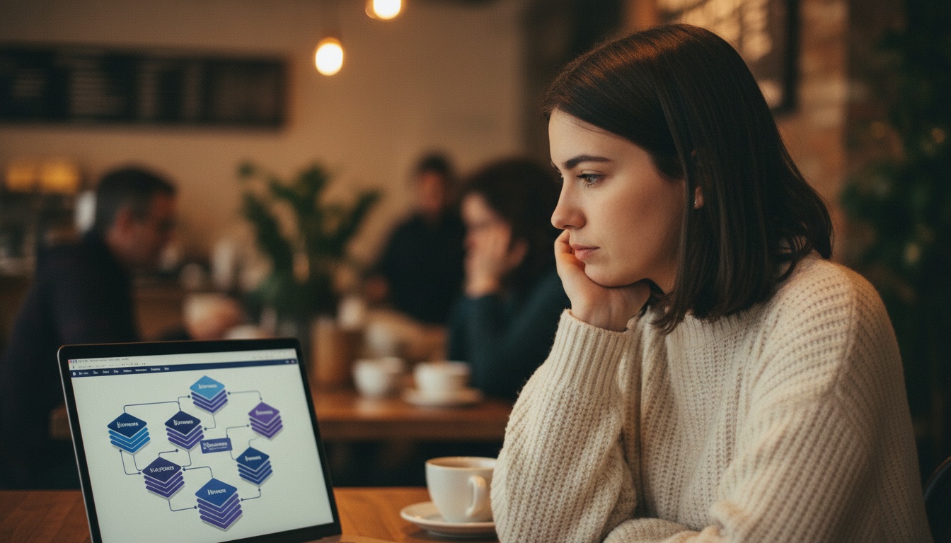 Person at laptop with AI workflow diagram on screen
