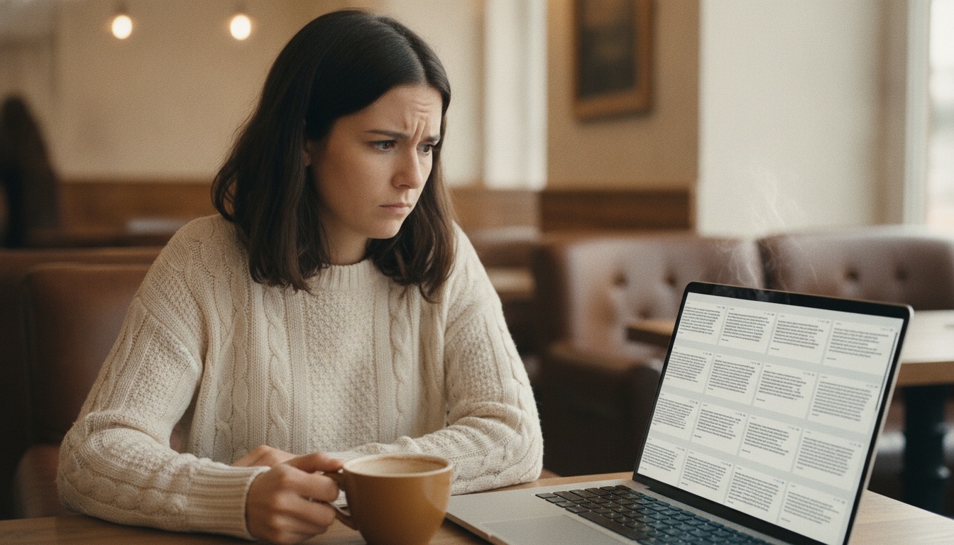 Zoe at her laptop noticing multiple AI chat windows producing identical outputs