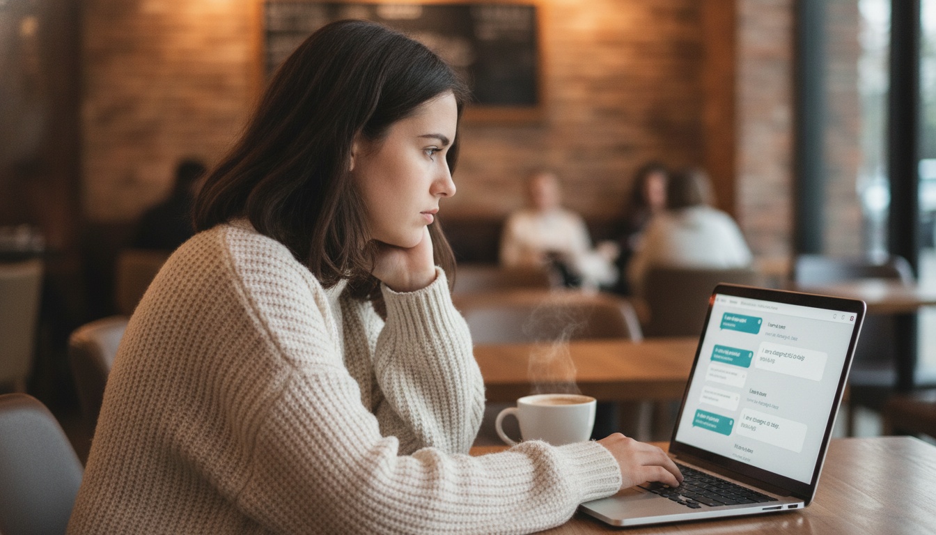 Zoe at her laptop with a thinking expression, multiple AI chat windows showing identical responses on screen