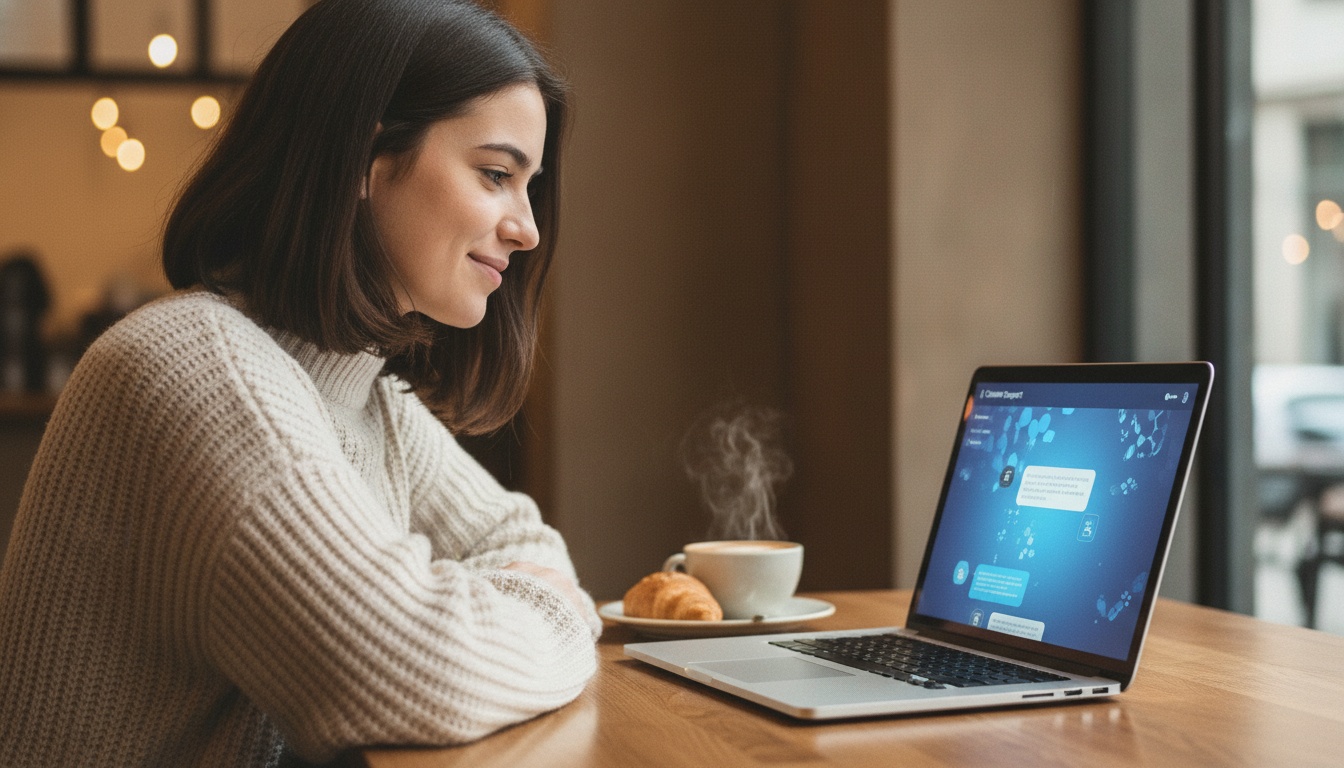 Zoe at laptop with AI chat interface open, responding to customer messages in a cozy workspace