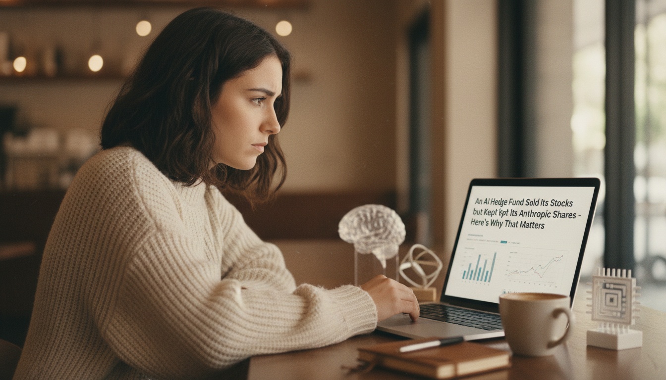 Zoe reading financial news on her laptop with a notepad of AI industry notes beside her coffee