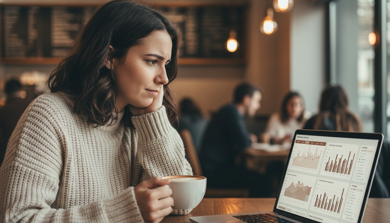Woman at laptop reviewing AI influencer analytics dashboard with earnings data on screen