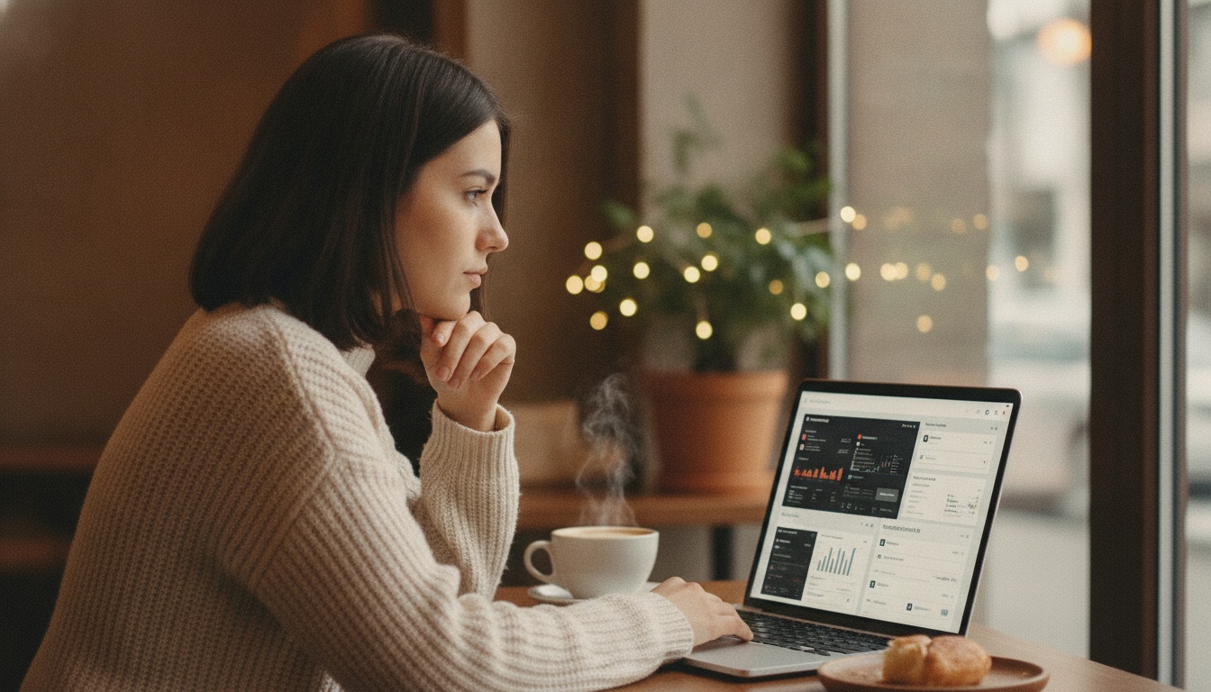 Zoe at laptop reviewing AI industry news with multiple model interfaces on screen