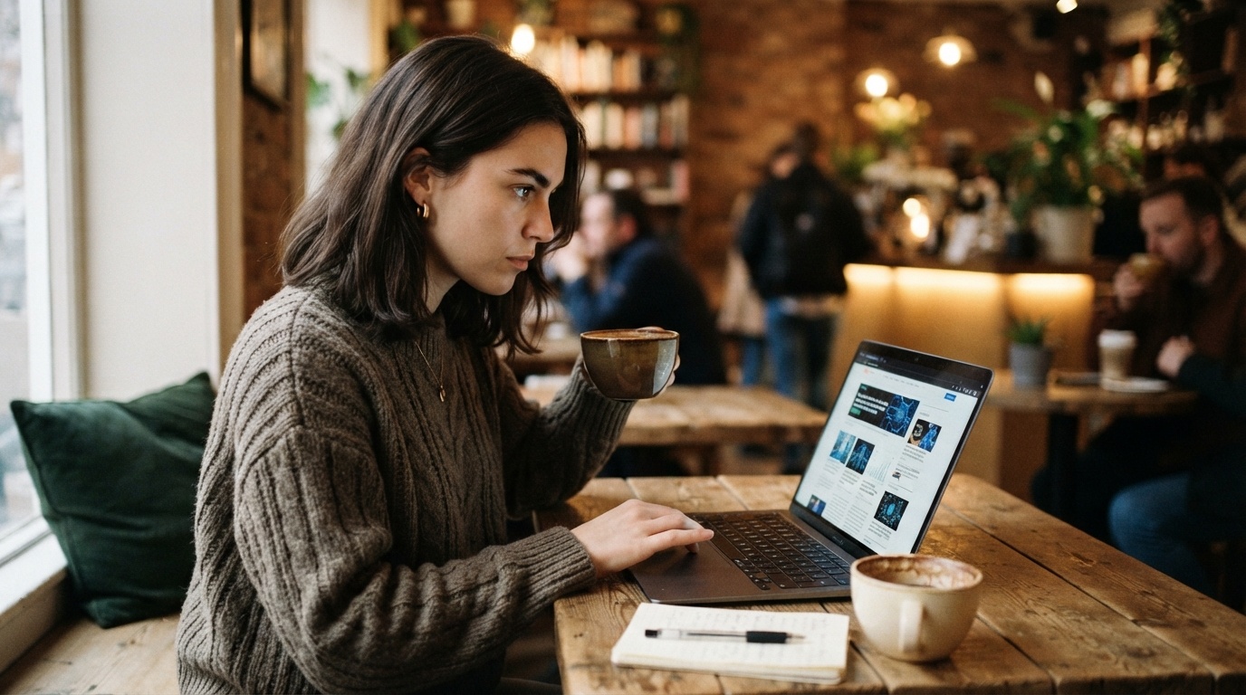 Zoe determined at her laptop reading about AI industry changes