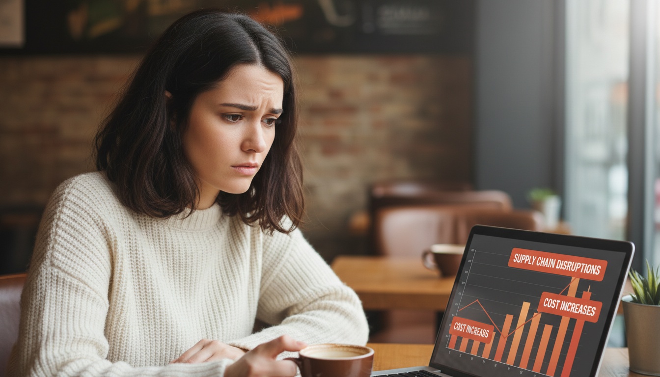 Zoe looking concerned at a laptop showing rising cloud costs and supply chain alerts