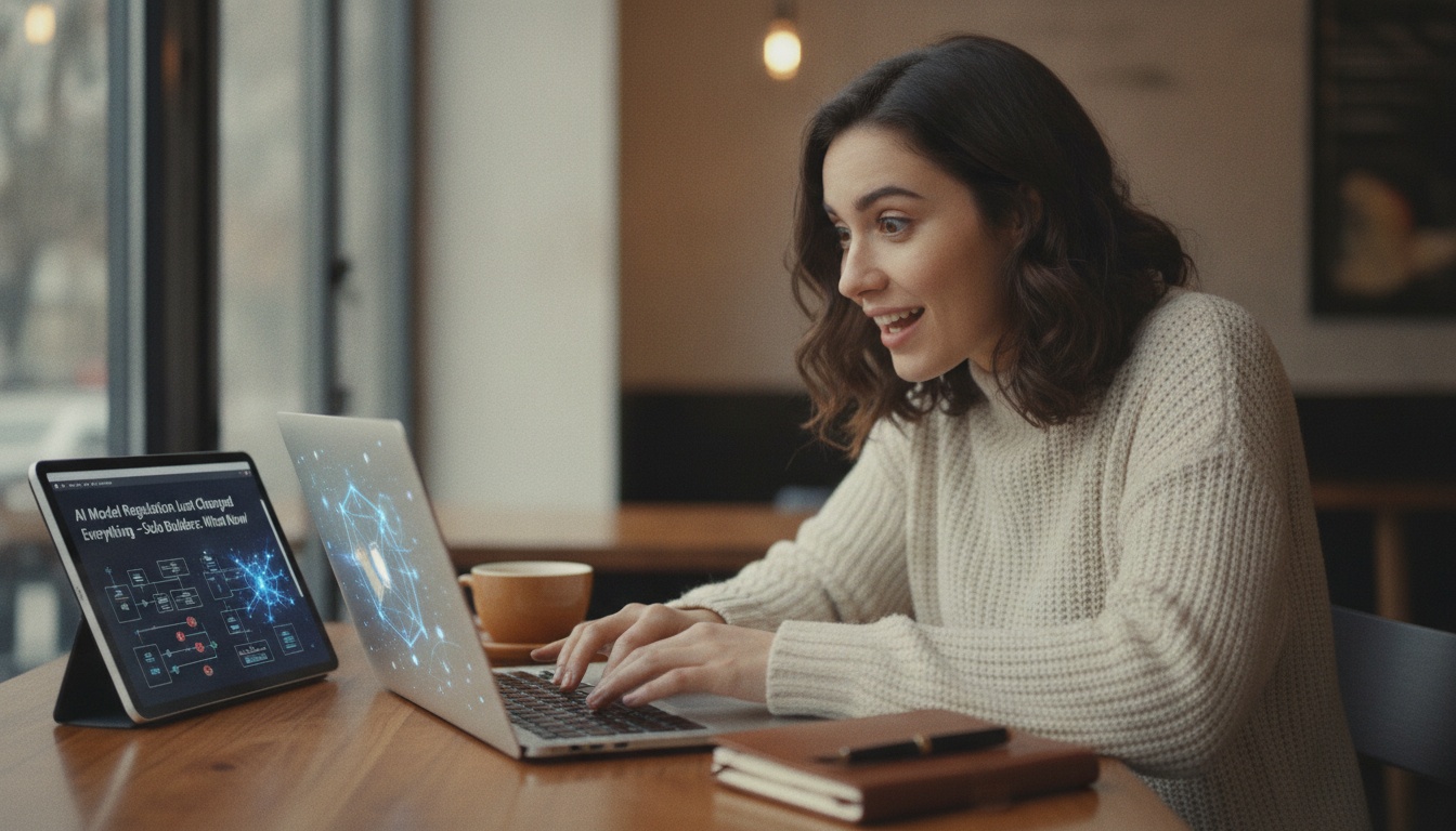 Zoe reading AI regulation news on her laptop at a coffee shop