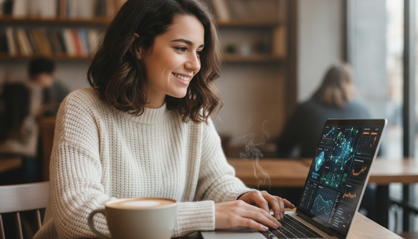 Zoe at a laptop with multiple AI tool dashboards open, looking prepared and confident