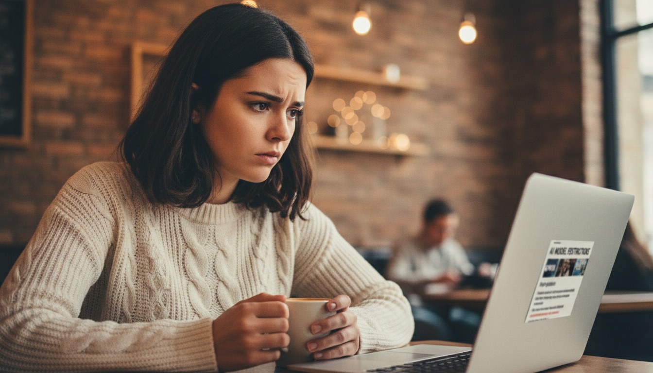 Zoe looking concerned at a laptop showing news about AI model restrictions