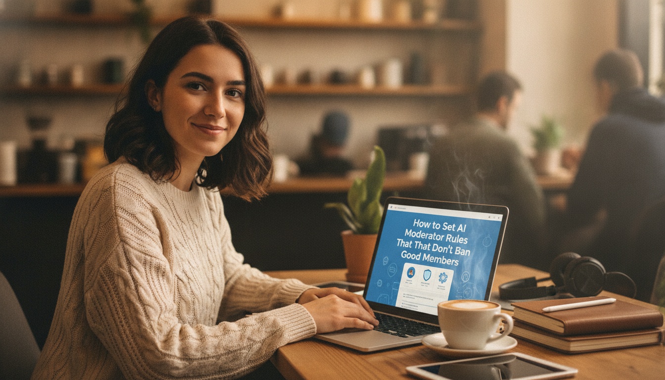 Woman at a laptop reviewing community moderation settings on screen in a warm coffee shop