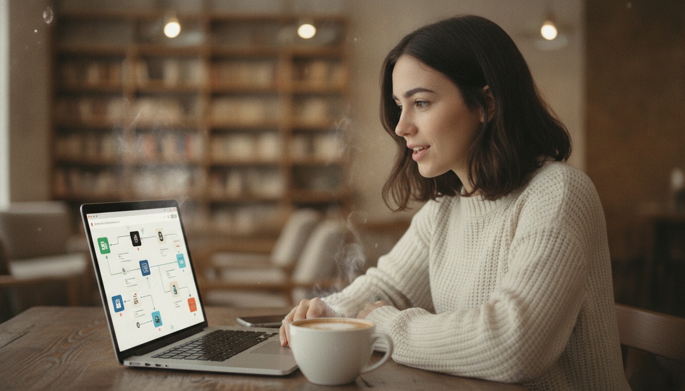 Young woman inspecting audio waveforms on a laptop with a detection result panel, moody studio lighting, thoughtful expression