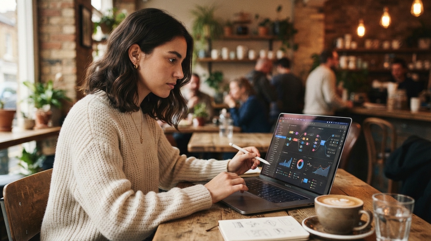Person at desk with multiple AI tool interfaces on screen, warm workspace