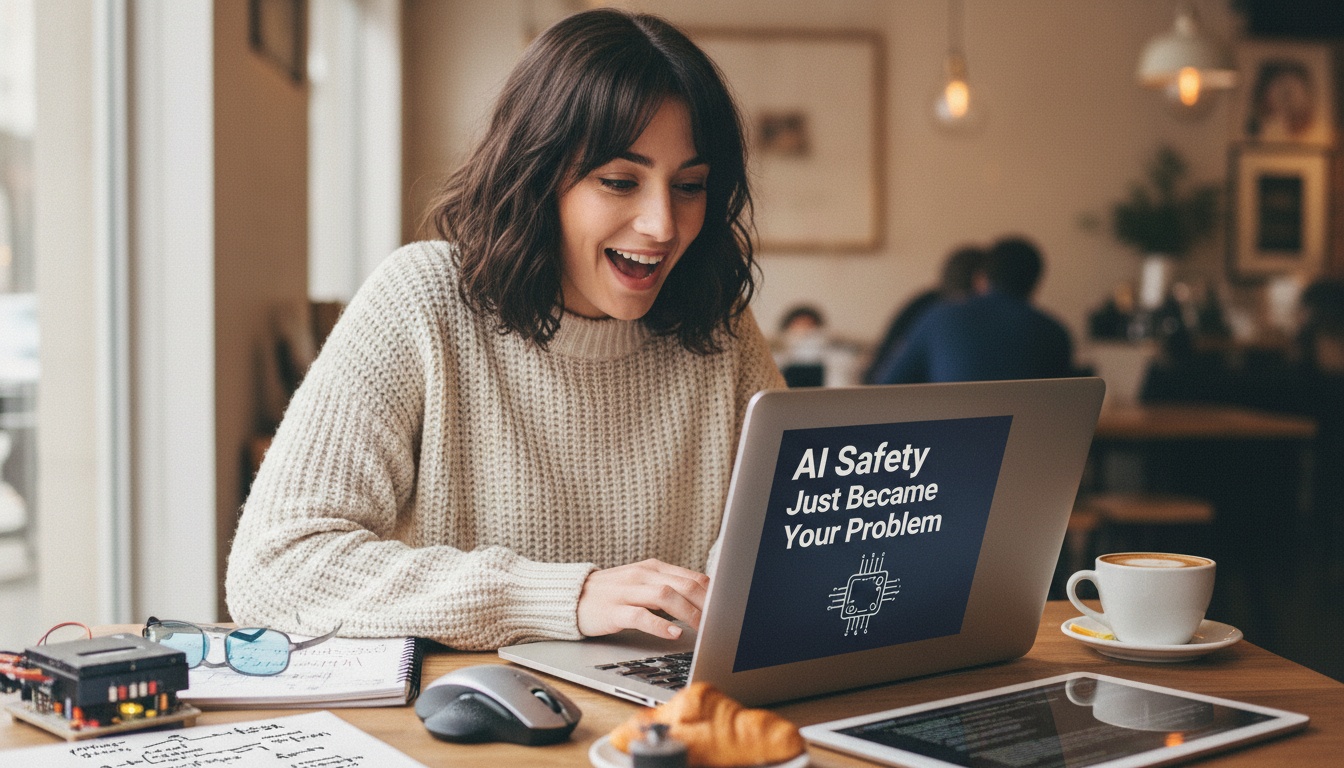 Zoe reviewing AI agent security logs on a laptop in a warm coffee-shop setting