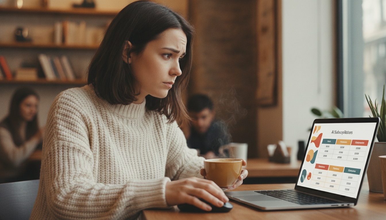 Zoe comparing AI subscription prices on her laptop at a coffee shop