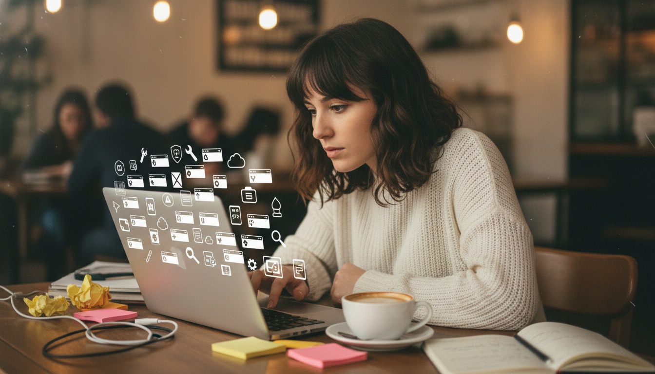 Person overwhelmed at laptop with too many AI tool tabs open