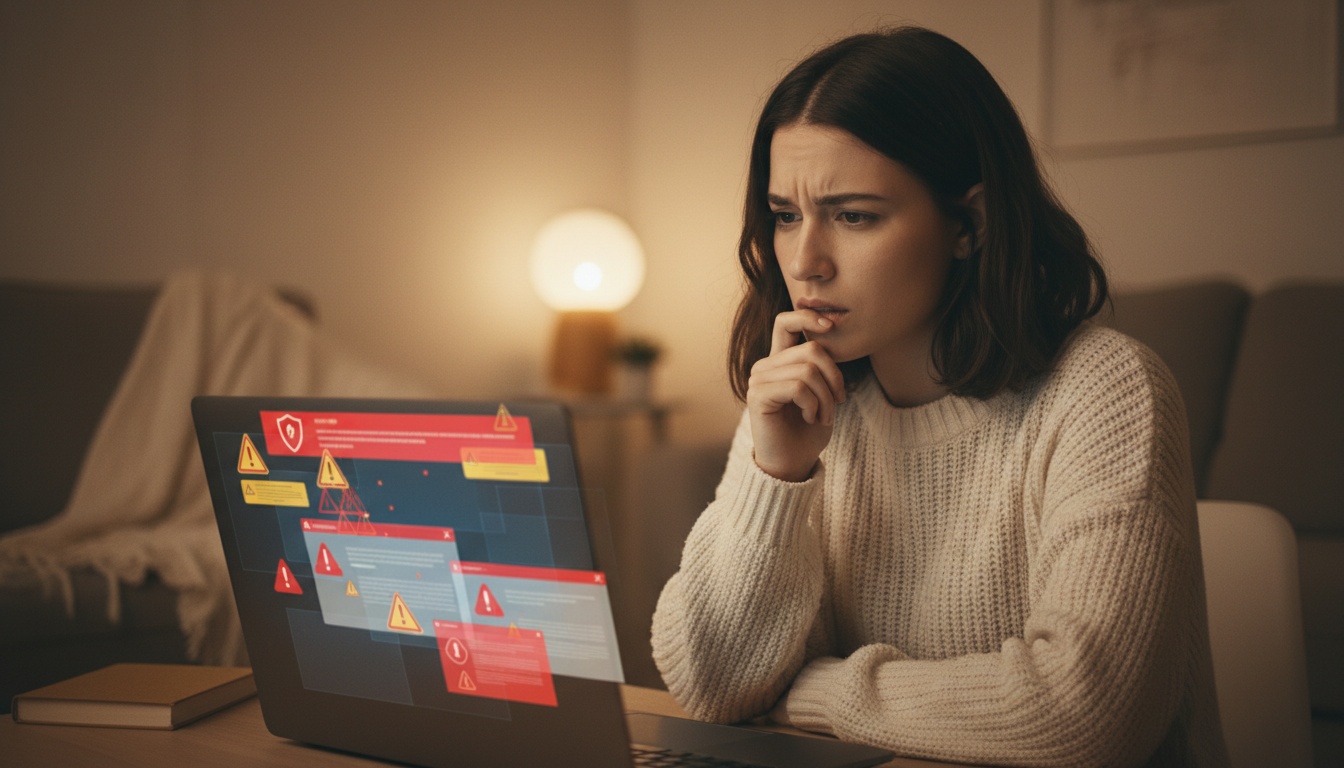Zoe looking concerned at her laptop with security alerts on screen