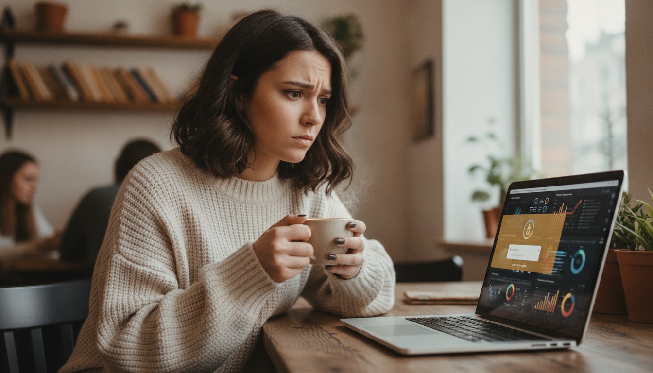 Zoe looking concerned at a laptop showing AI tool dashboards with government approval notices
