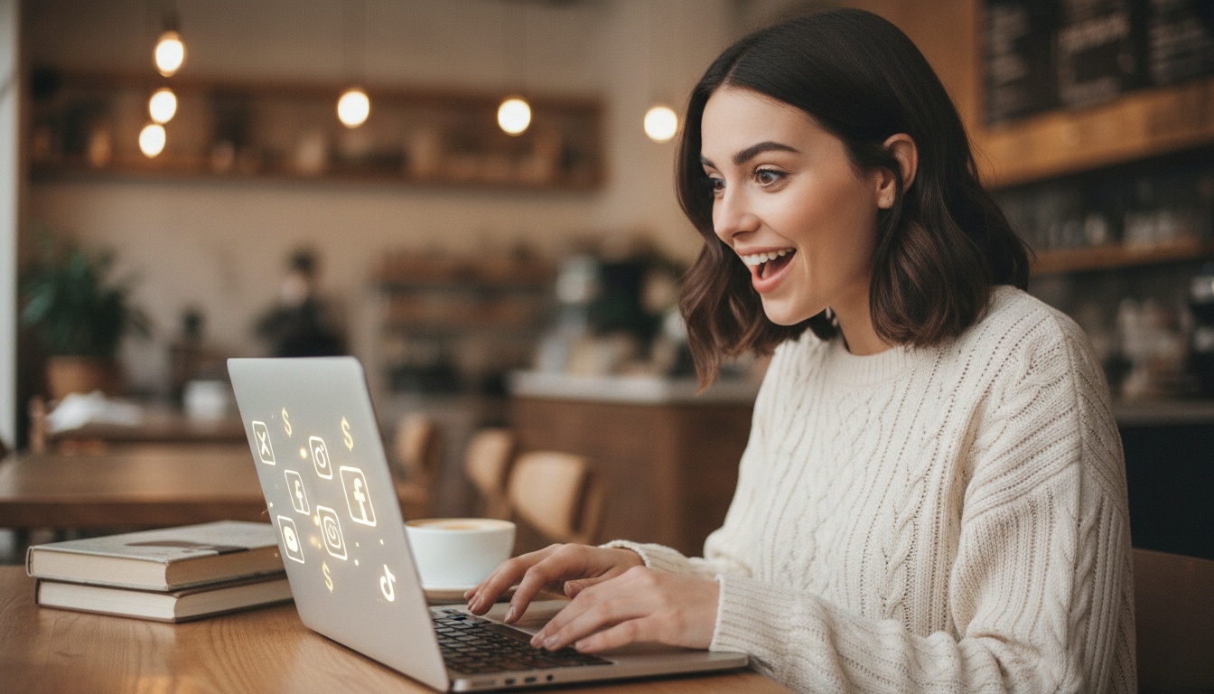 Creator at laptop with social media platform icons and dollar signs on screen