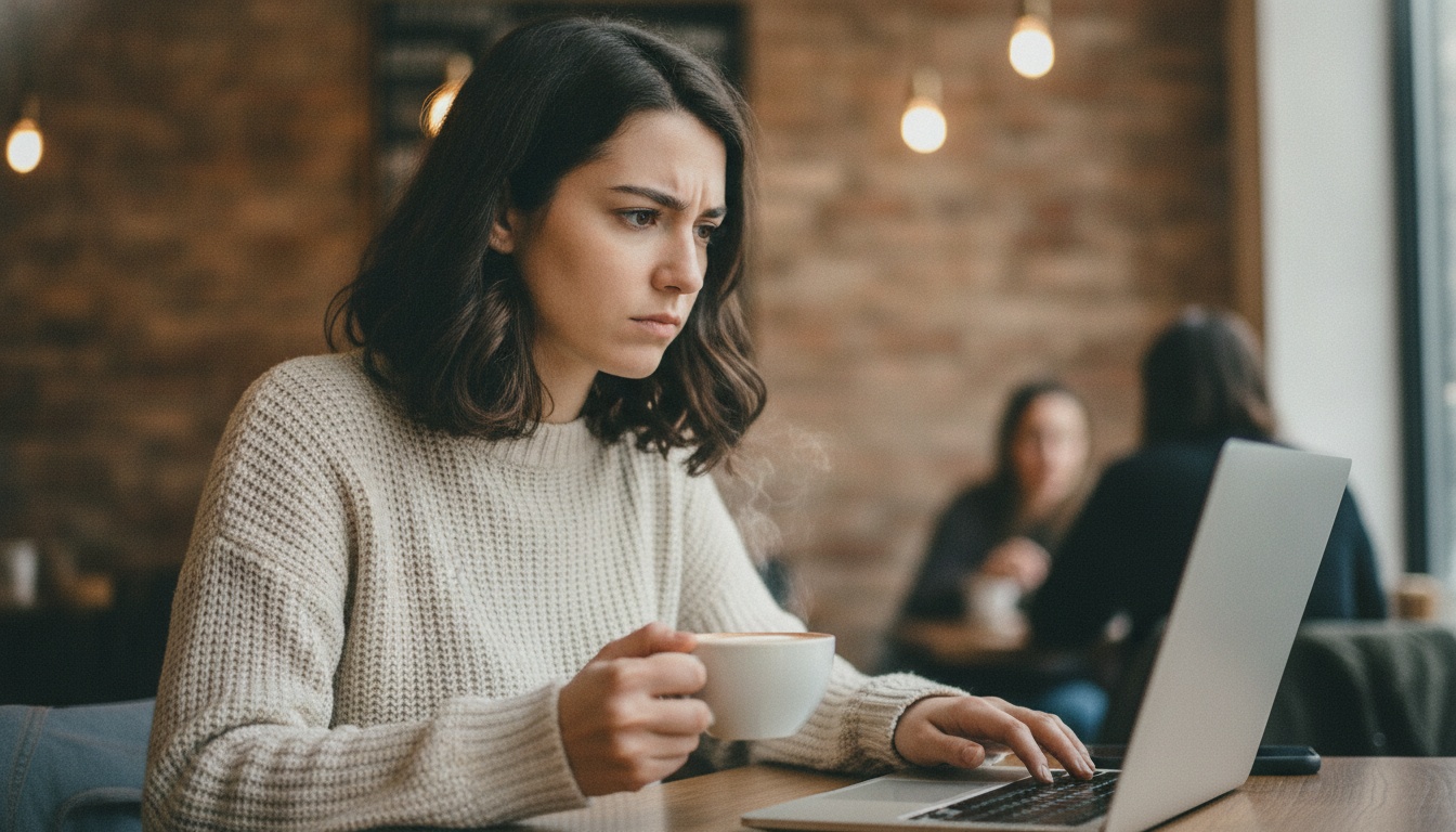 Person at laptop comparing AI research claims with practical results on screen