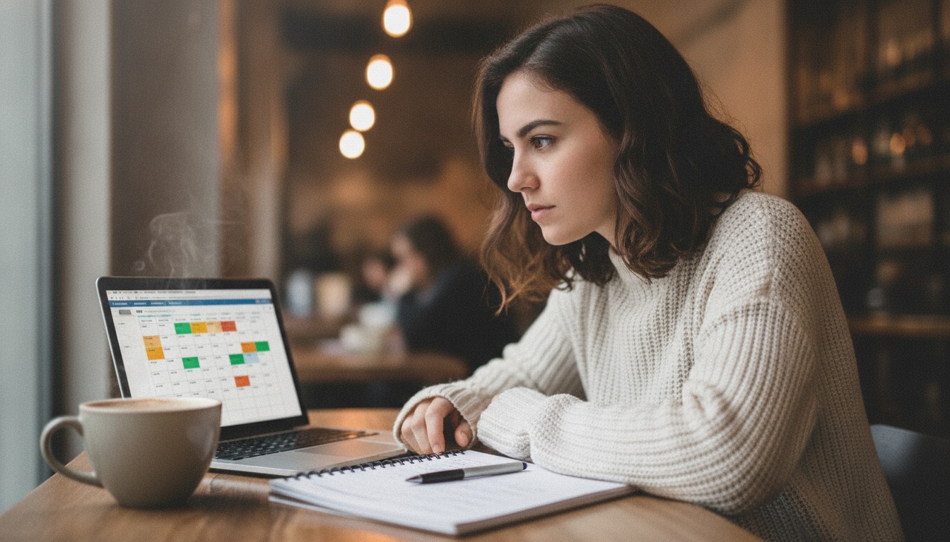 Zoe at a cafe table with a laptop showing subscription renewal dates, notebook beside her