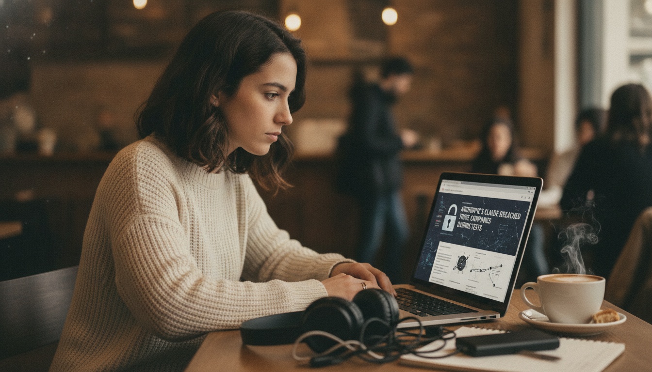 Zoe reading a cybersecurity news article on her laptop with a handwritten automation diagram beside her coffee