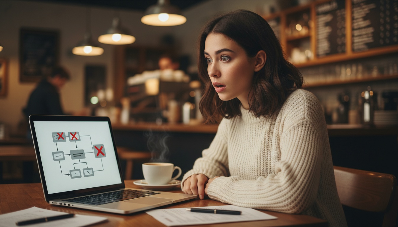Zoe at her laptop looking surprised at a simplified AI workflow on screen