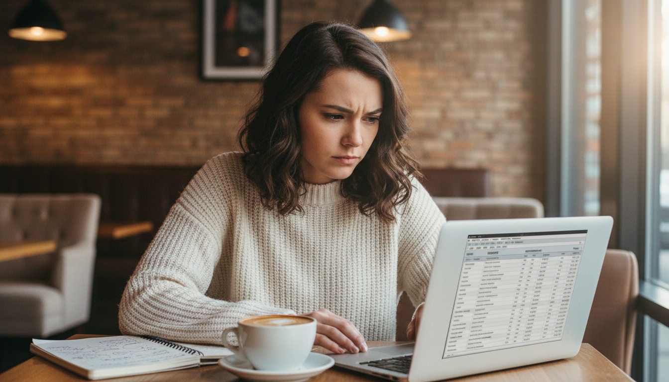 Zoe at a cafe table with a laptop showing a list of AI services and prices, notebook beside her