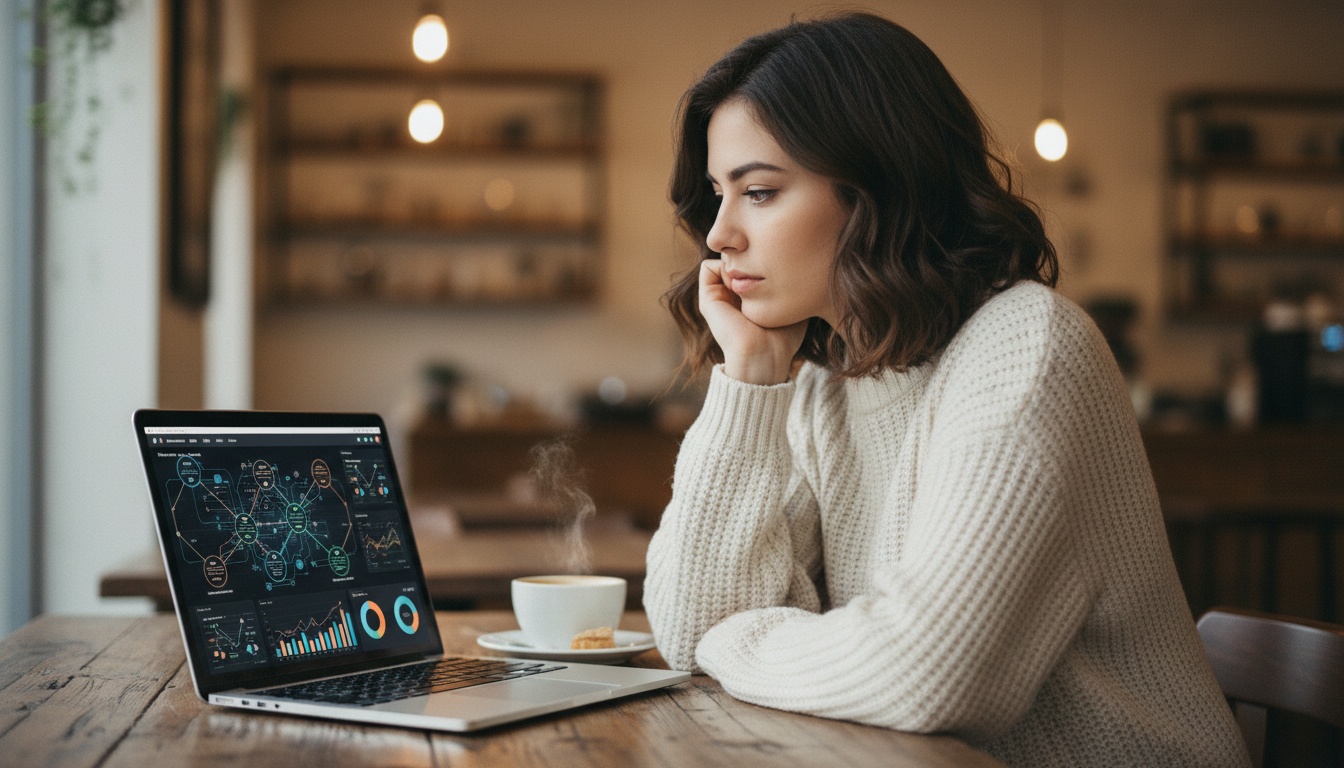 Person at laptop reviewing AI model analysis dashboard with data visualizations