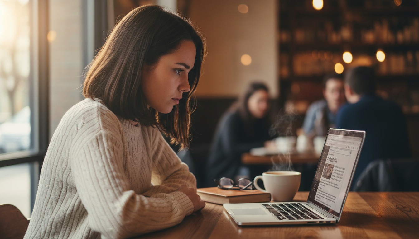 Zoe at laptop looking at news about AI regulation changes
