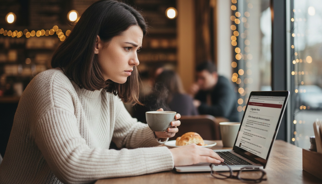 Zoe looking concerned while reading news about AI regulation on her laptop
