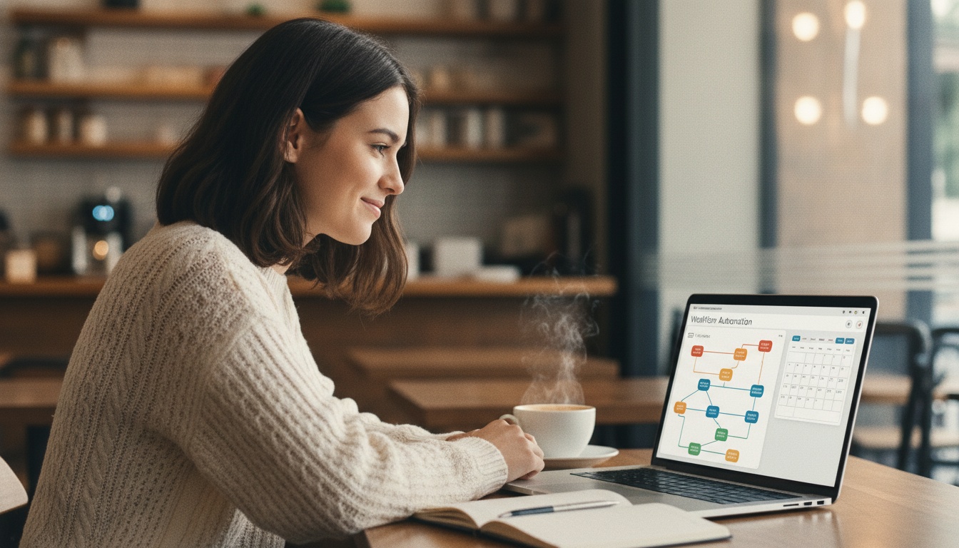 Zoe at laptop with coaching automation dashboard on screen, warm editorial setting
