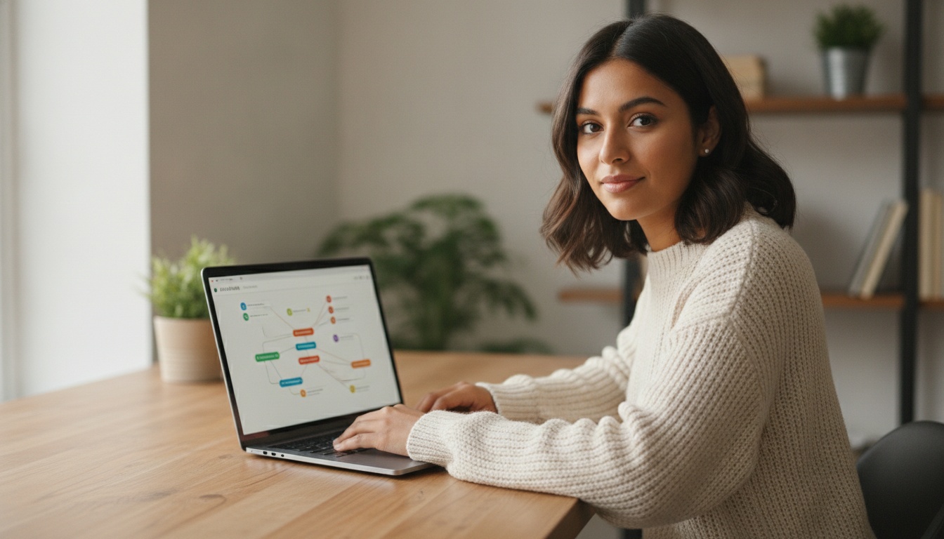 Zoe, a friendly no-code enthusiast, working on a laptop showing an automation dashboard
