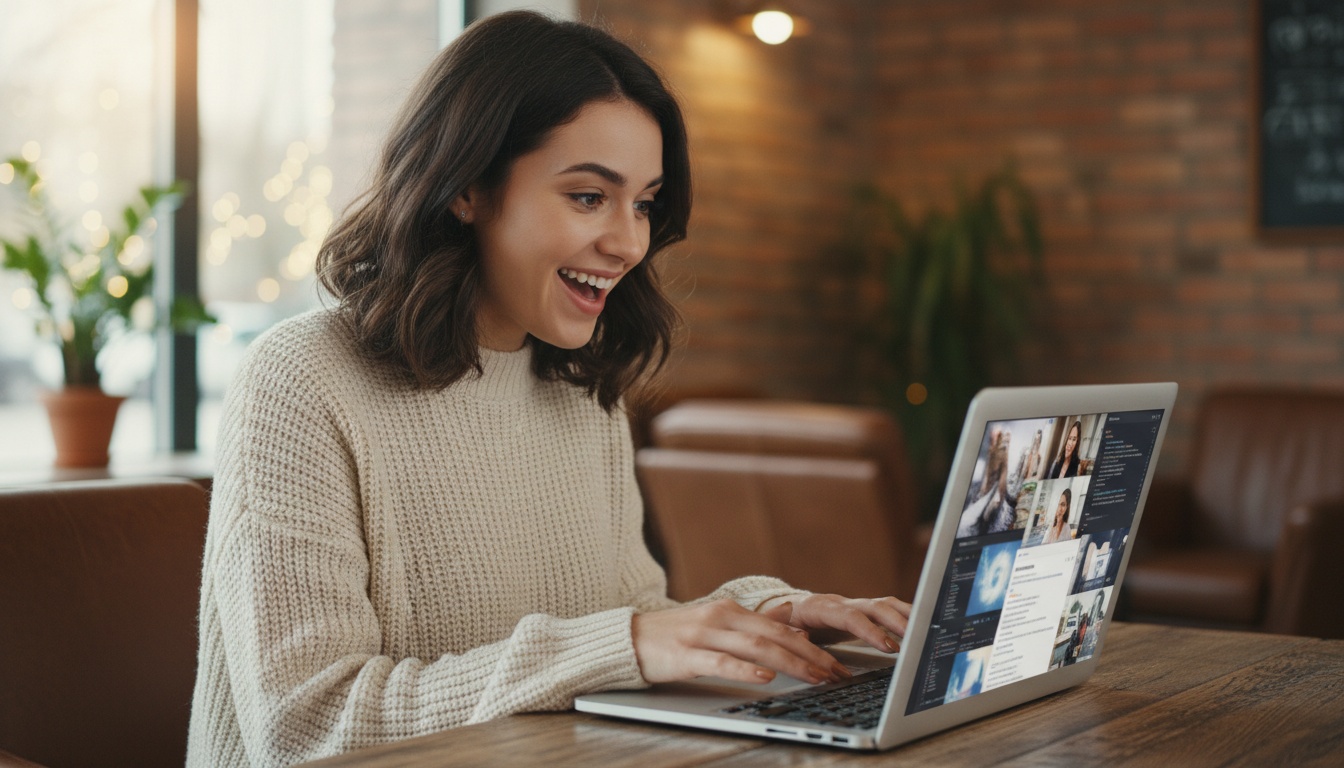 Zoe looking at content repurposing workflow on laptop with multiple screens